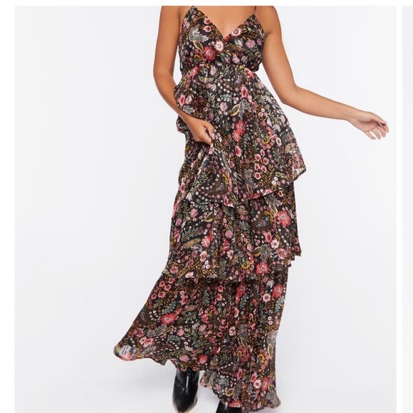 floral print tiered maxi dress Forever 21 black tie back - Picture 16 of 16